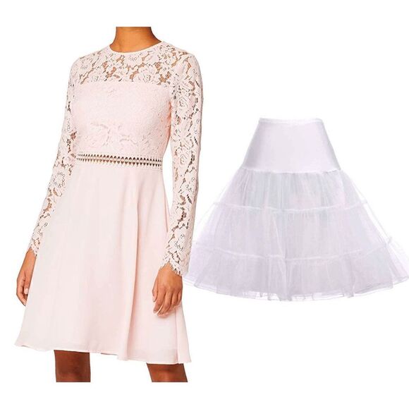 2PCS Bundle Pink Blush Lace Long Sleeve Elegant Dress & Petticoat SIZE XXL NWT - Picture 1 of 16